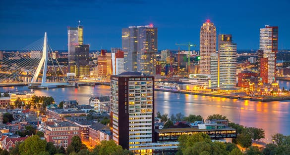 Rotterdam. Cityscape image of Rotterdam, Netherlands during twilight blue hour.