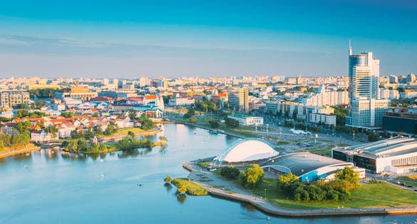 Photo of cityscape of Minsk, Belarus. Summer season, sunset time.