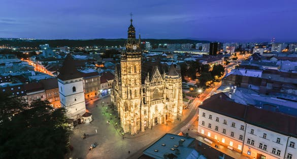 Kosice Aerial view of the main street (Hlavna ulica), St. Elisabeth Cathedral, an old town.
