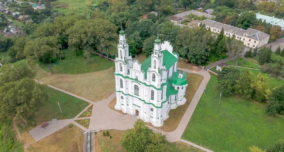 Photo of aerial view of St. Sophia Cathedral on a beautiful sunny day in Polotsk, Belarus.