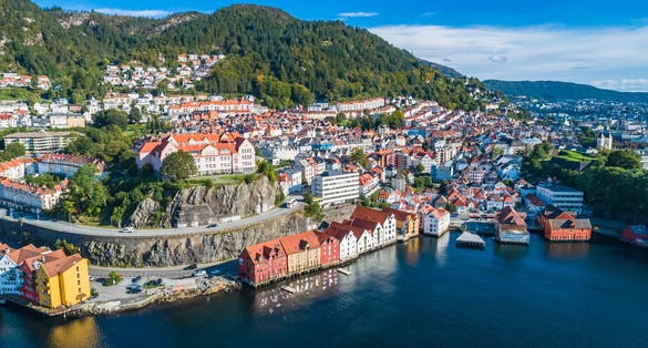 Bergen old town aerial view. Bergen, Norway.
