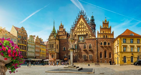 Photo of town hall on the market square, Wroclaw, Poland.