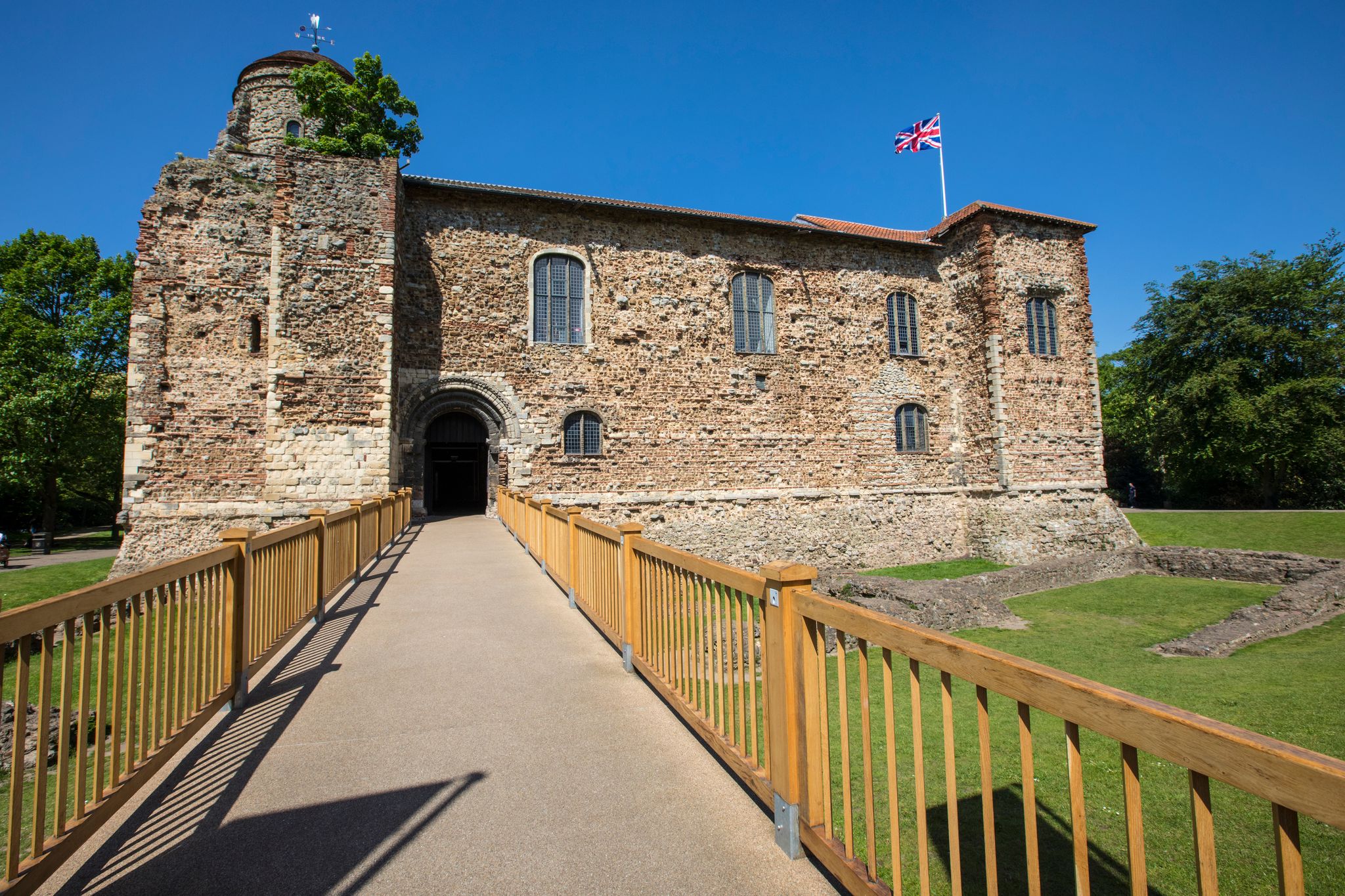 A view of the historic Colchester Castle, located in the market town of Colchester in Essex, UK.