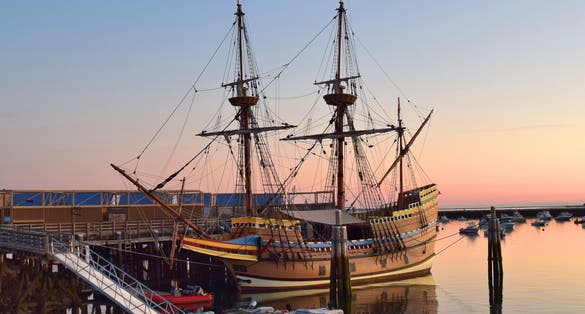 photo of view of Mayflower Docked at Plymouth Harbor Massachusetts.