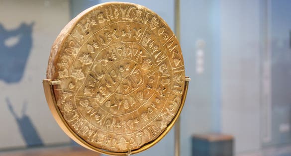 photo of Ancient, historical, greek hieroglyph disk, Heraklion, Greece.