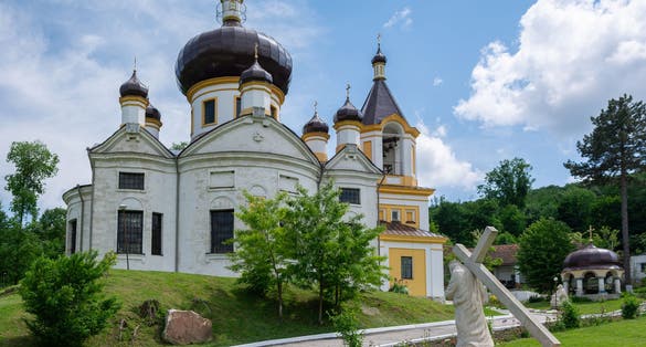 Photo of Cathedral of Saint Nicholas in Condrita Monastery with Sculpture of Jesus Christ carrying the cross, Republic of Moldova.