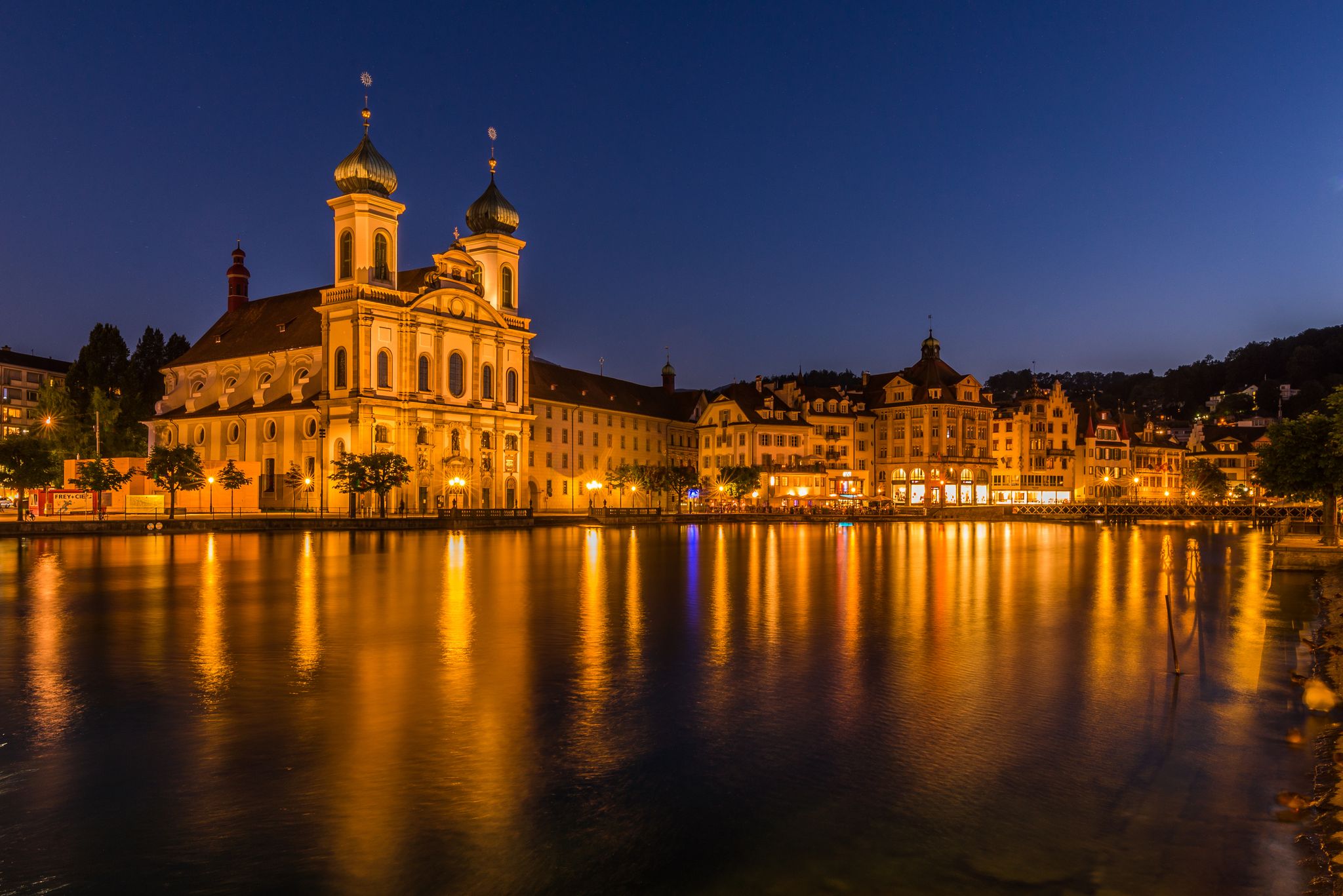 photo of Jesuit Church St. Francis Xavier in Lucerne at night in Switzerland.