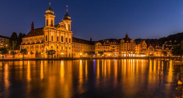 photo of Jesuit Church St. Francis Xavier in Lucerne at night in Switzerland.