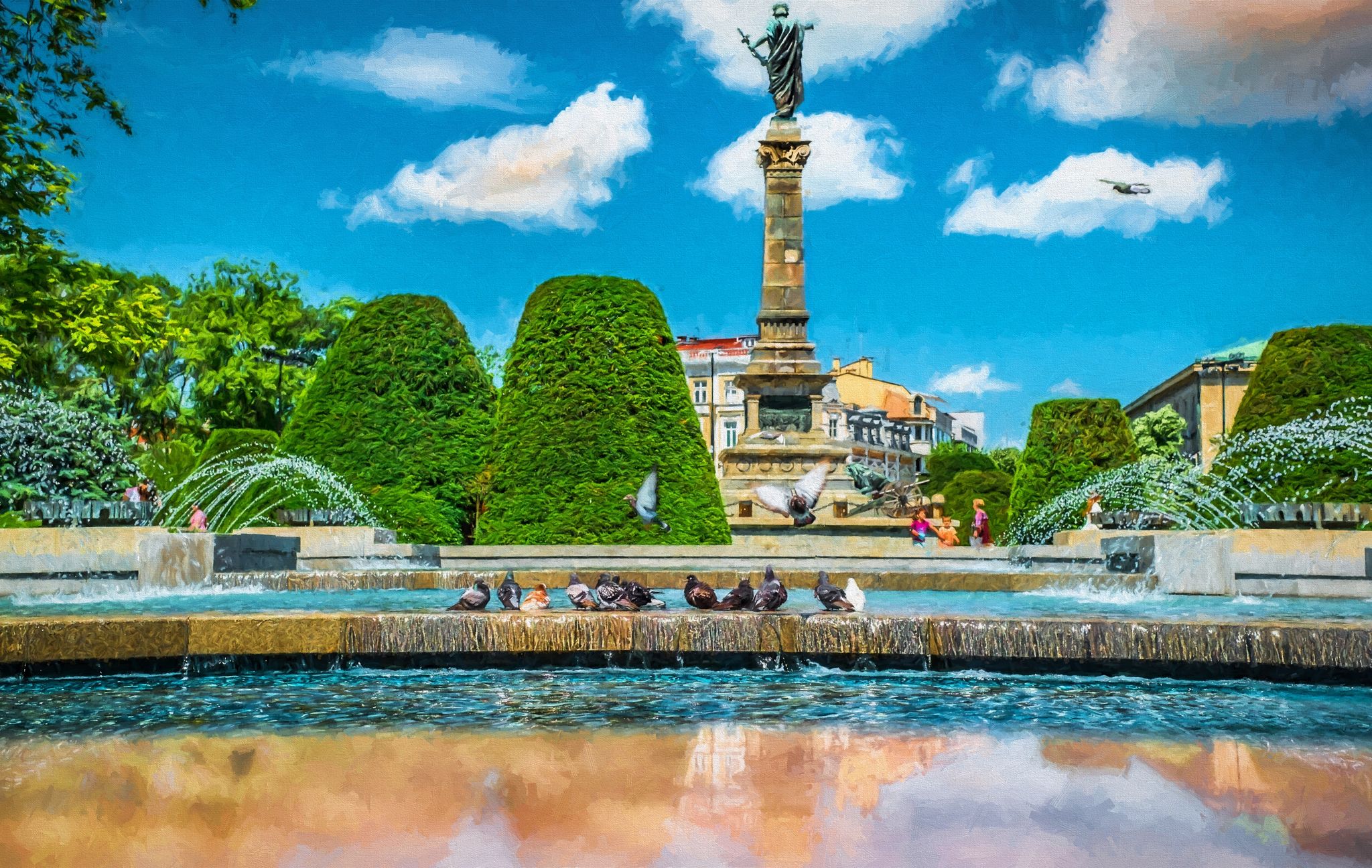 Digital painting illustration art. The artesian well on a hot day. Ruse city, Bulgaria. Can be used for wallpaper, canvas print, decoration, banner, t-shirt graphic, advertising.