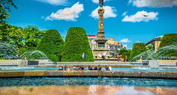 Digital painting illustration art. The artesian well on a hot day. Ruse city, Bulgaria. Can be used for wallpaper, canvas print, decoration, banner, t-shirt graphic, advertising.