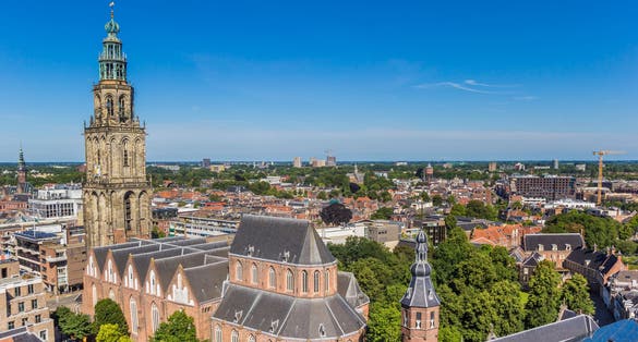 Historic Martini church tower dominating the skyline of Groningen, Netherlands