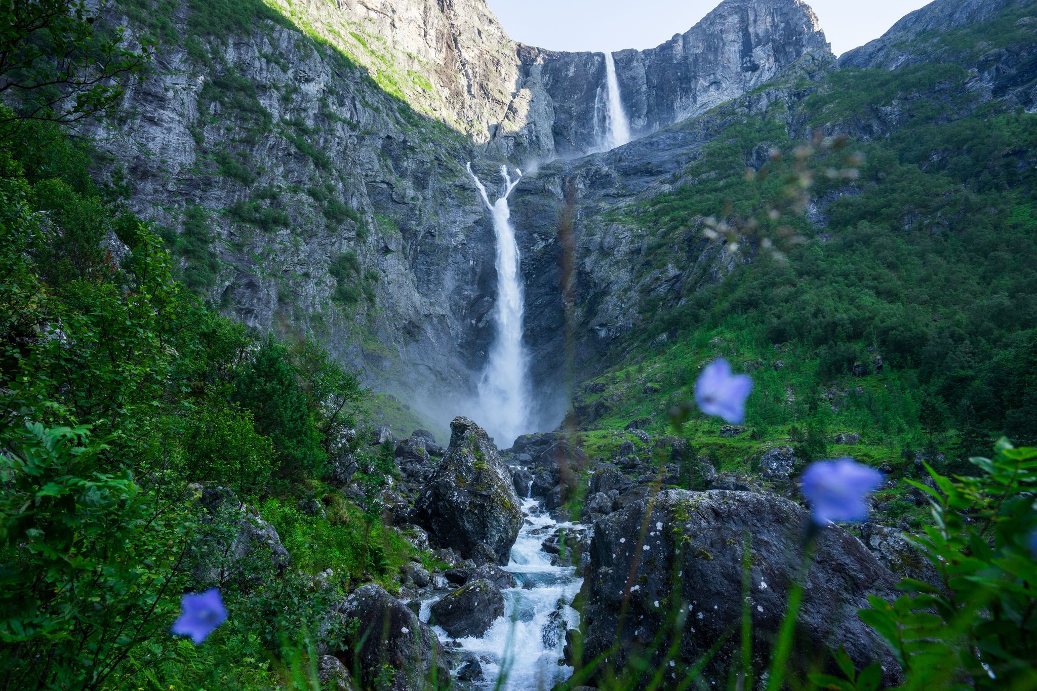 One of the highest waterfalls in Norway, Mardalsfossen, a summer landscape with a large waterfall with dense green vegetation and mountainous terrain.