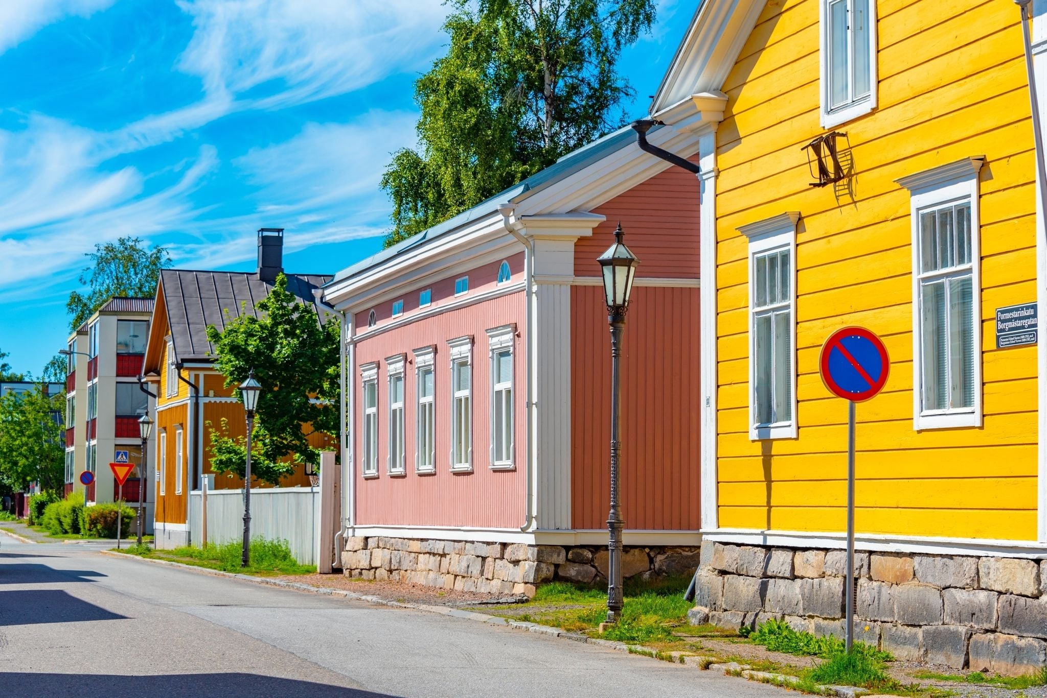 Colorful timber houses in Neristan district of Finnish town Kokkola.