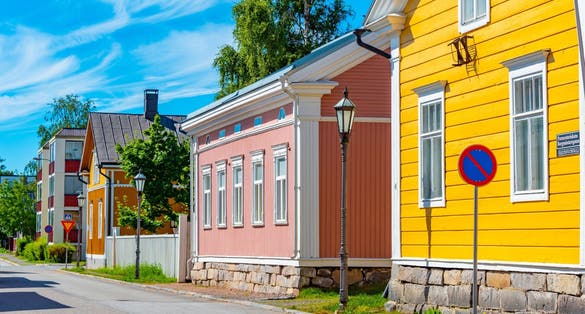 Colorful timber houses in Neristan district of Finnish town Kokkola.