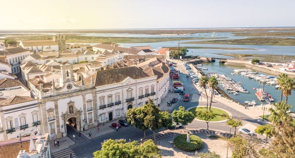 Photo of aerial view of city center of Faro ,capital city of Algarve, Portugal.