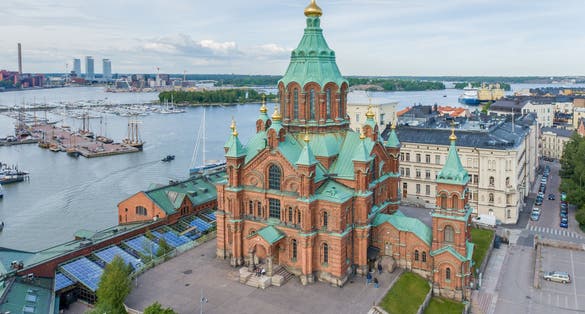 Photo of aerial view of Uspenski Orthodox Cathedral Church in Katajanokka district of the Old Town in Helsinki, Finland.