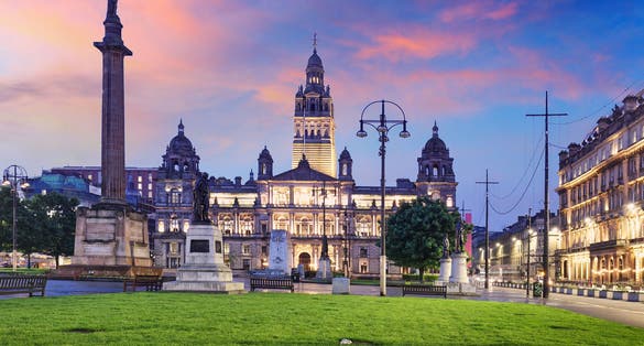 photo of view  of  Glasgow City Chambers and George Square at dramatic sunrise, Scotland - UK