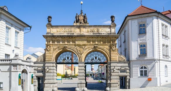 PILSEN, CZECH REPUBLIC -Pilsner Urquell Brewery main gate at sunset.