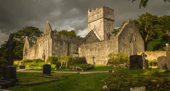 photo of Muckross Abbey ruins in Ireland .