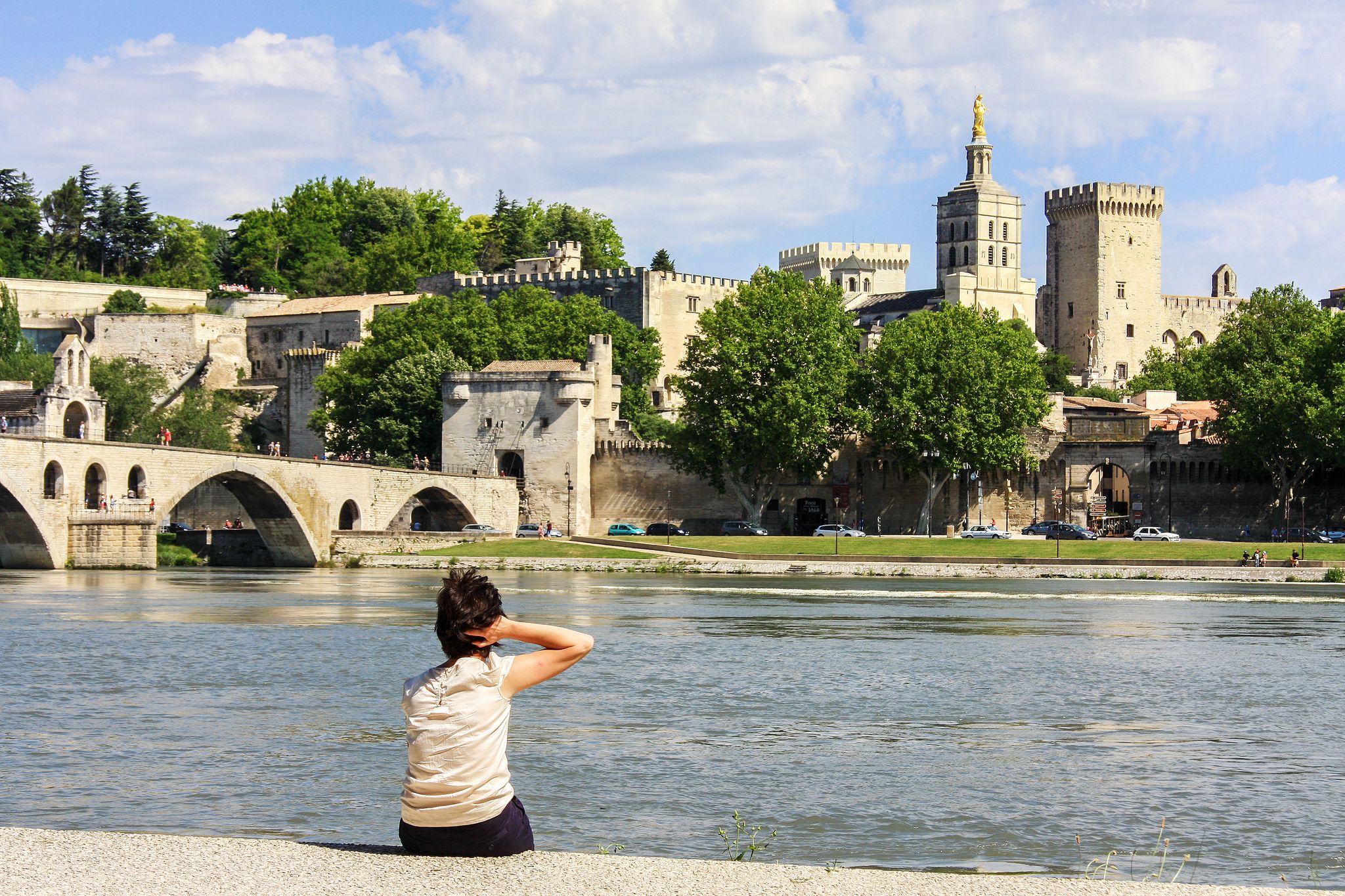 photo of a girl back view with Avignon cityscape with river Rhone and Palais des Papes in France.