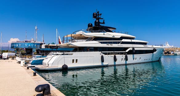 Panoramic view of Vauban port with exclusive yachts docked at marina piers onshore Azure Cost of Mediterranean Sea in Antibes resort town.