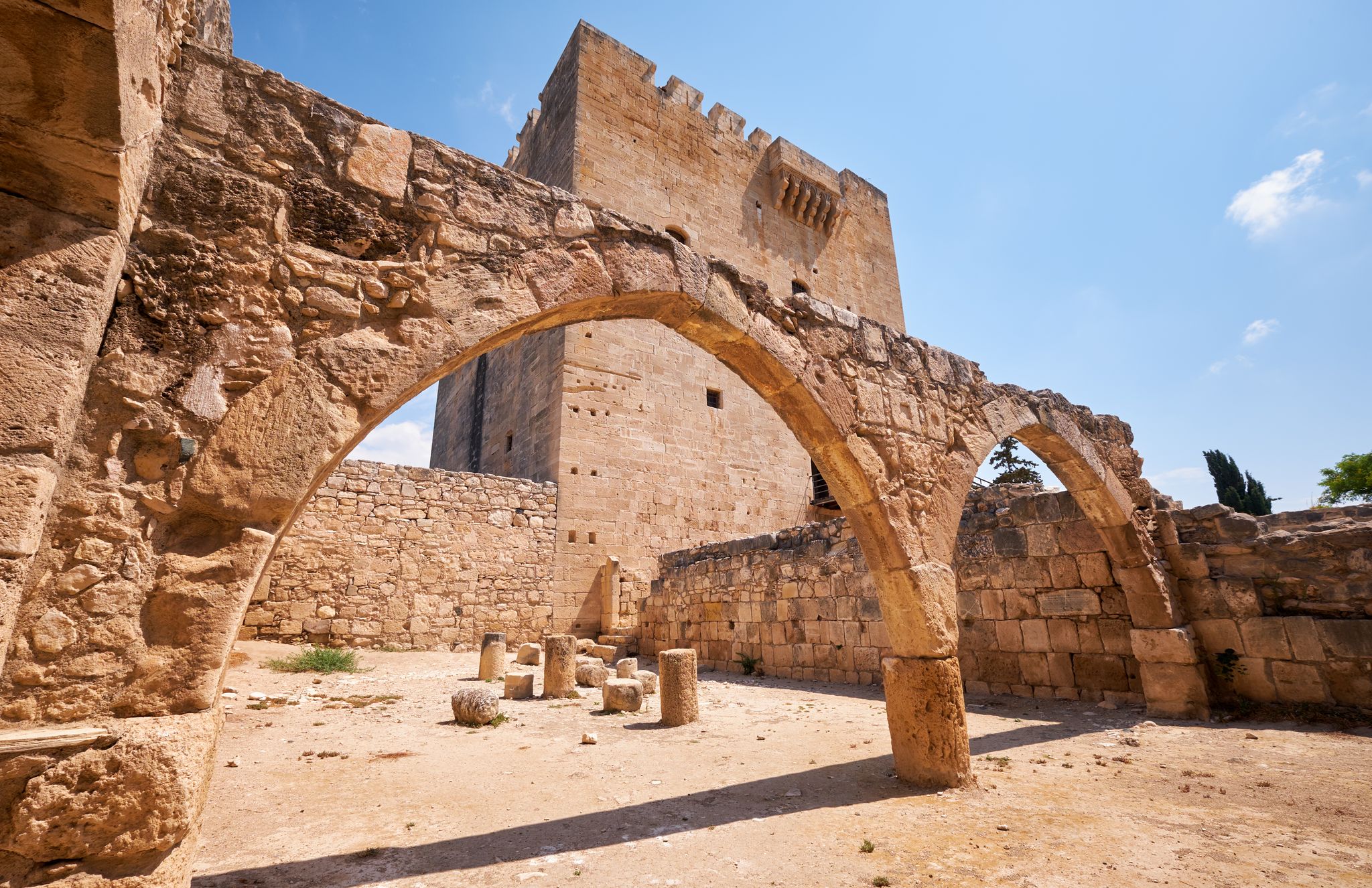 Photo of the remains of the old arches near the keep of Kolossi Castle. Kolossi, Limassol District, Cyprus.