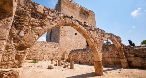 Photo of the remains of the old arches near the keep of Kolossi Castle. Kolossi, Limassol District, Cyprus.