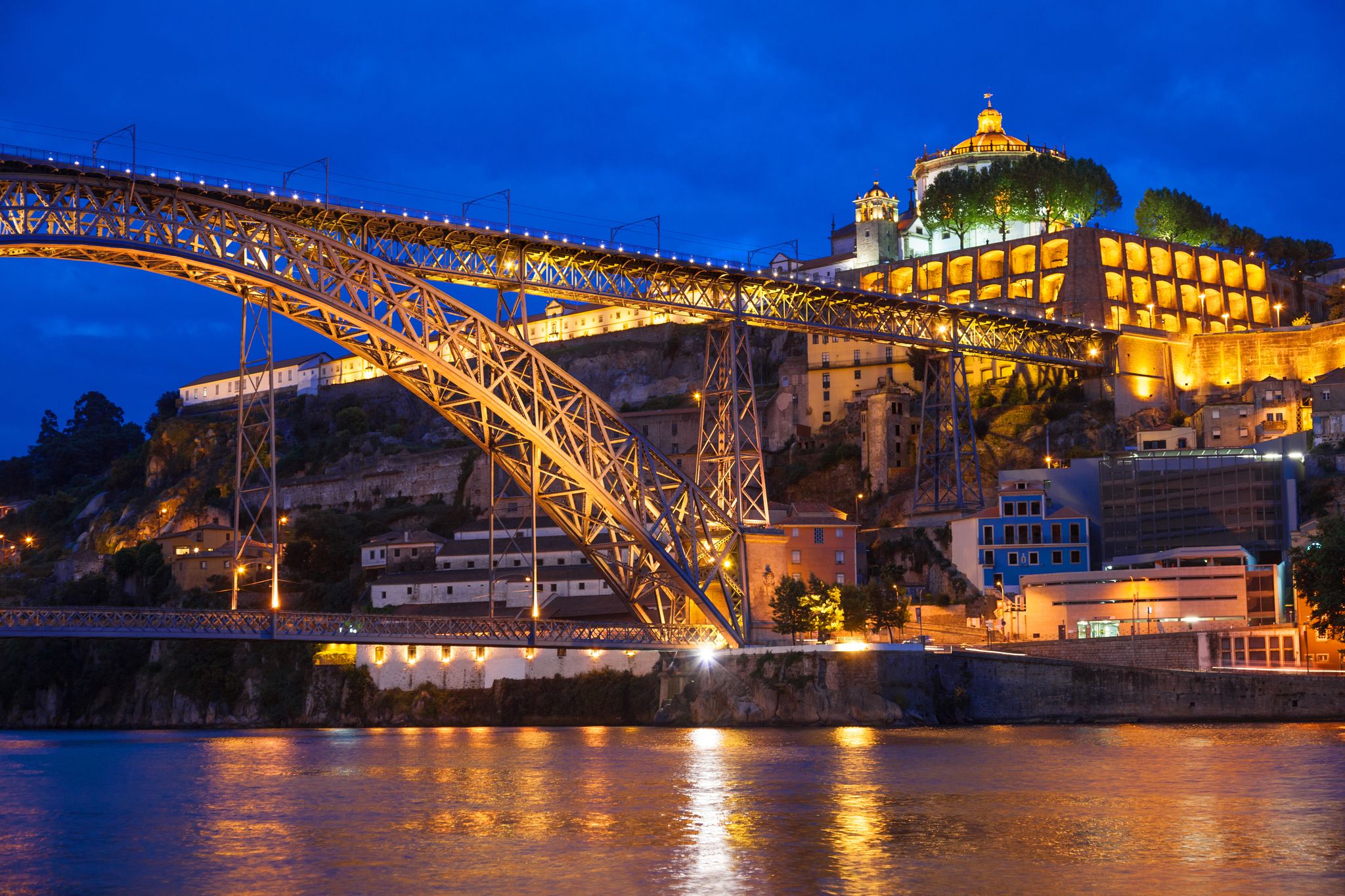 Photo of Dom Luis I bridge over Douro river and monastery of Serra do Pilar illuminated at night. Porto, Portugal.