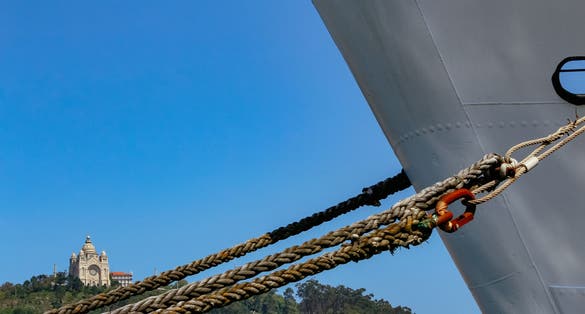 Gil Eannes boat in Viana do Castelo with Sant Lucy (Santa Luzia) in background