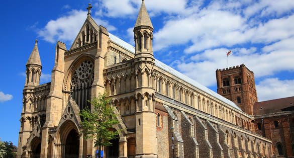 Photo of St Albans Cathedral in St Albans, although of a Norman structure the Cathedral's origins date back to Anglo Saxon times and is the longest cathedral in England.