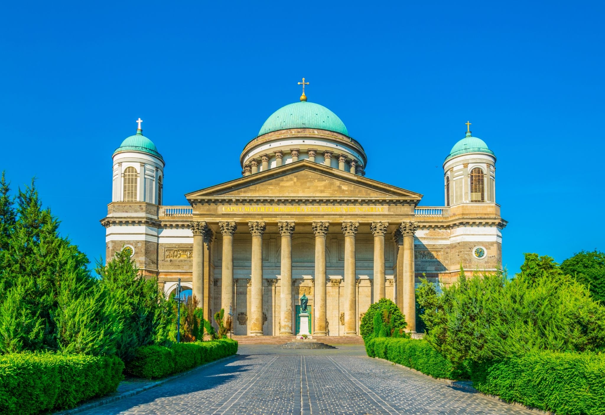 Photo of front view of the famous basilica of esztergom, Hungary.