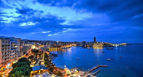 Aerial view of St. Julian's bay at the blue hour, Malta