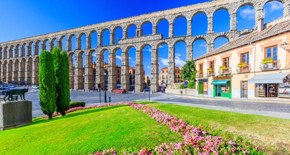 Segovia, Spain. View at Plaza del Azoguejo and the ancient Roman aqueduct.