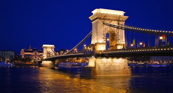 Photo of Széchenyi Chain Bridge  at night in Budapest, Hungary.