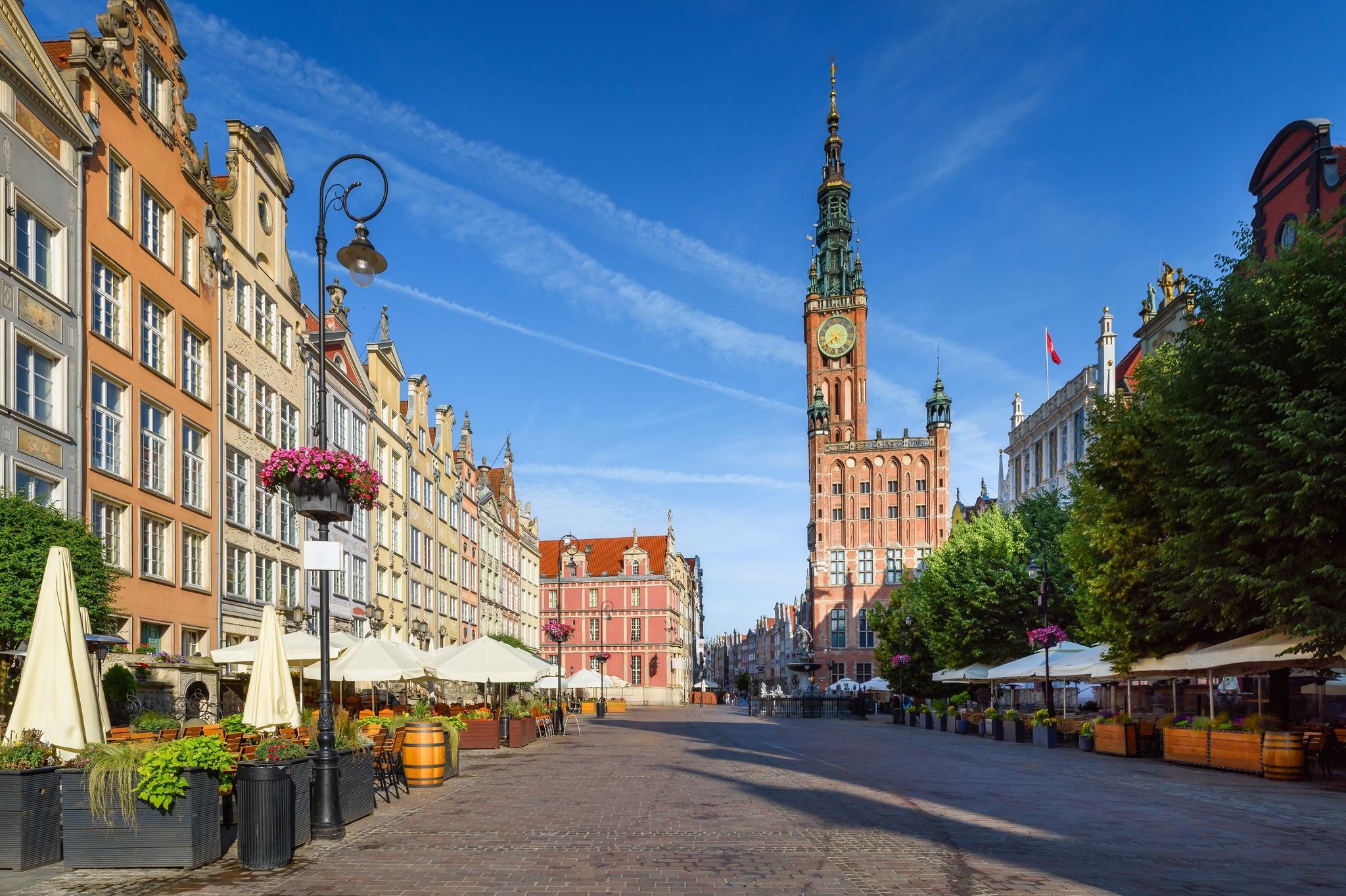 Gdansk Town Hall located on Dluga street (Long lane) in old town. A walk through the city on a sunny summer day. Gdansk, Poland