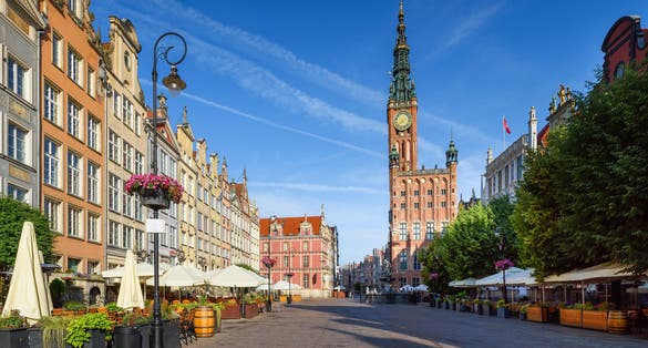 Gdansk Town Hall located on Dluga street (Long lane) in old town. A walk through the city on a sunny summer day. Gdansk, Poland