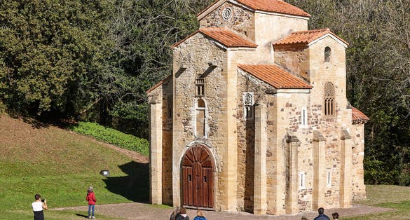Church of San Miguel de Lillo in the mount of Naranco at sunset. Oviedo, Asturias, Spain. Europe