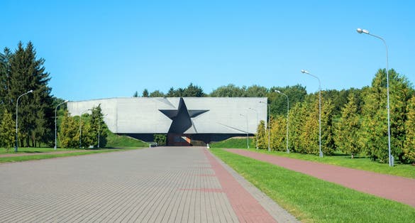 Photo of the main entrance to the memorial complex "Brest Fortress". "Hero Fortress" The central part of the fortress, Belarus.