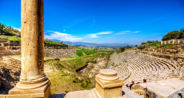 photo of the Stadium of Magnesia Ancient City from above in Aydın, Turkey.