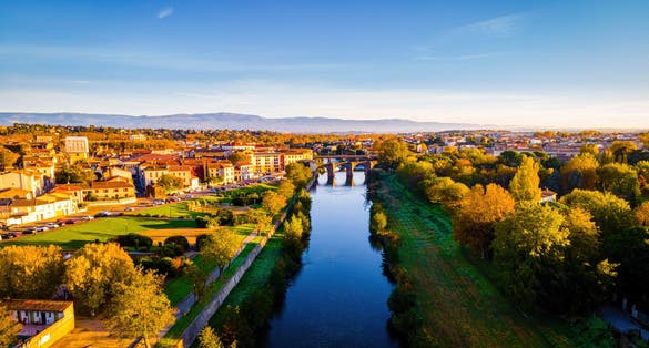 Photo of aerial view of Carcassonne, France.