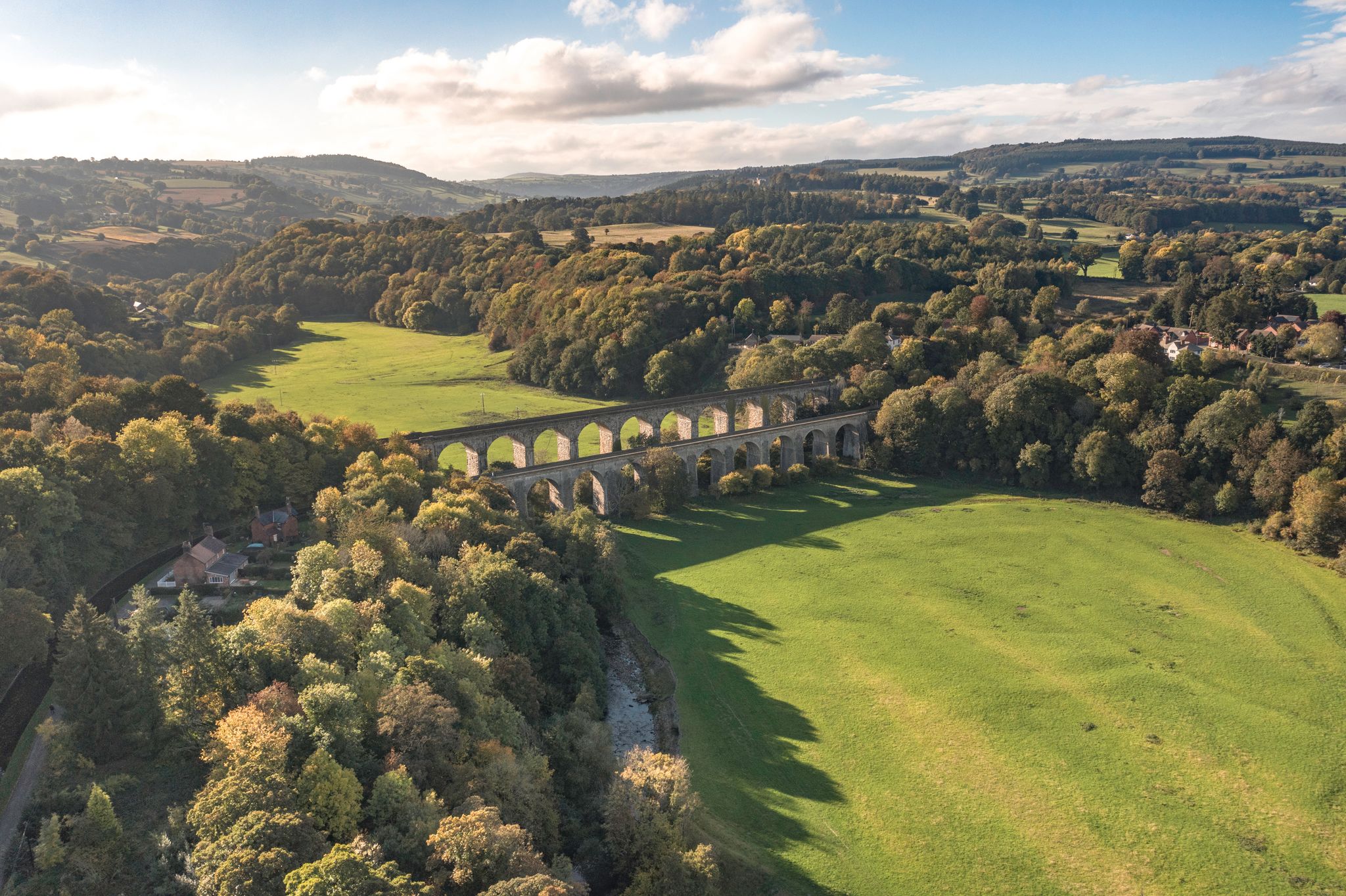 Photo of aerial view of the aqueduct and the railway viaduct at Chirk, Wales.