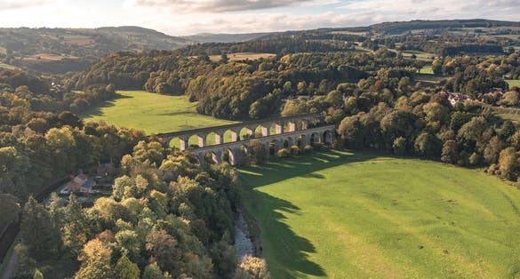 Photo of aerial view of the aqueduct and the railway viaduct at Chirk, Wales.