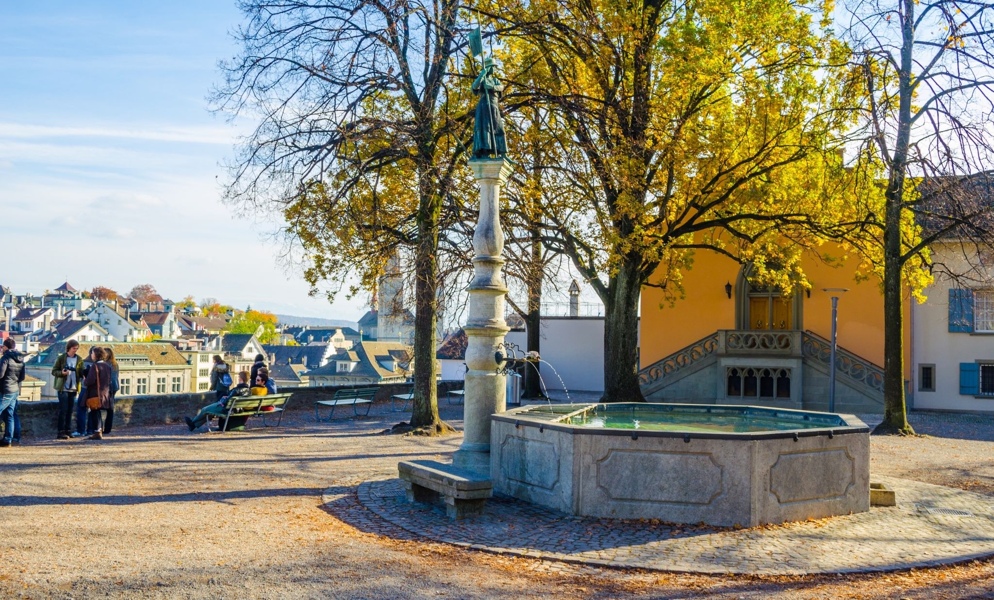 Photo of Lindenhof park in center of the swiss city zurich.