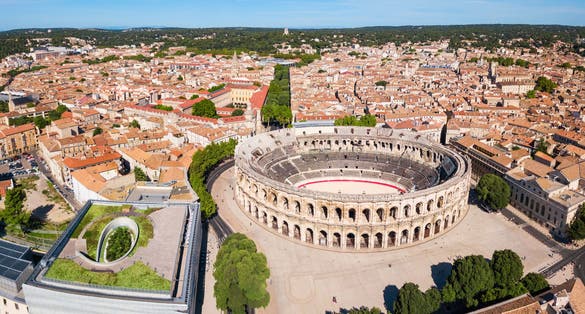 Photo of Nimes Arena aerial panoramic view, France.