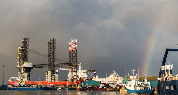 photo of view of Panorama of Oil rig in Esbjerg harbor, Denmark.