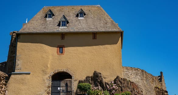 Old ruins of the Castle of Bourscheid, Canton of Diekirch, Luxembourg, elevated exterior view