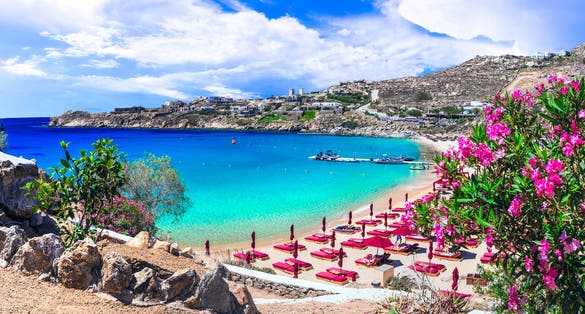 Photo of most famous and beautiful beaches of Mykonos island.
