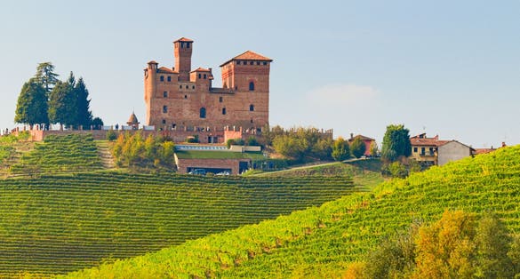 Castle of Grinzane Cavour surrounded by vineyards in the Langhe region, Piedmont, Italy