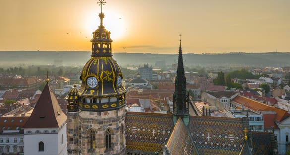 Skyline of the city of Kosice, Cathedral during sunrise.