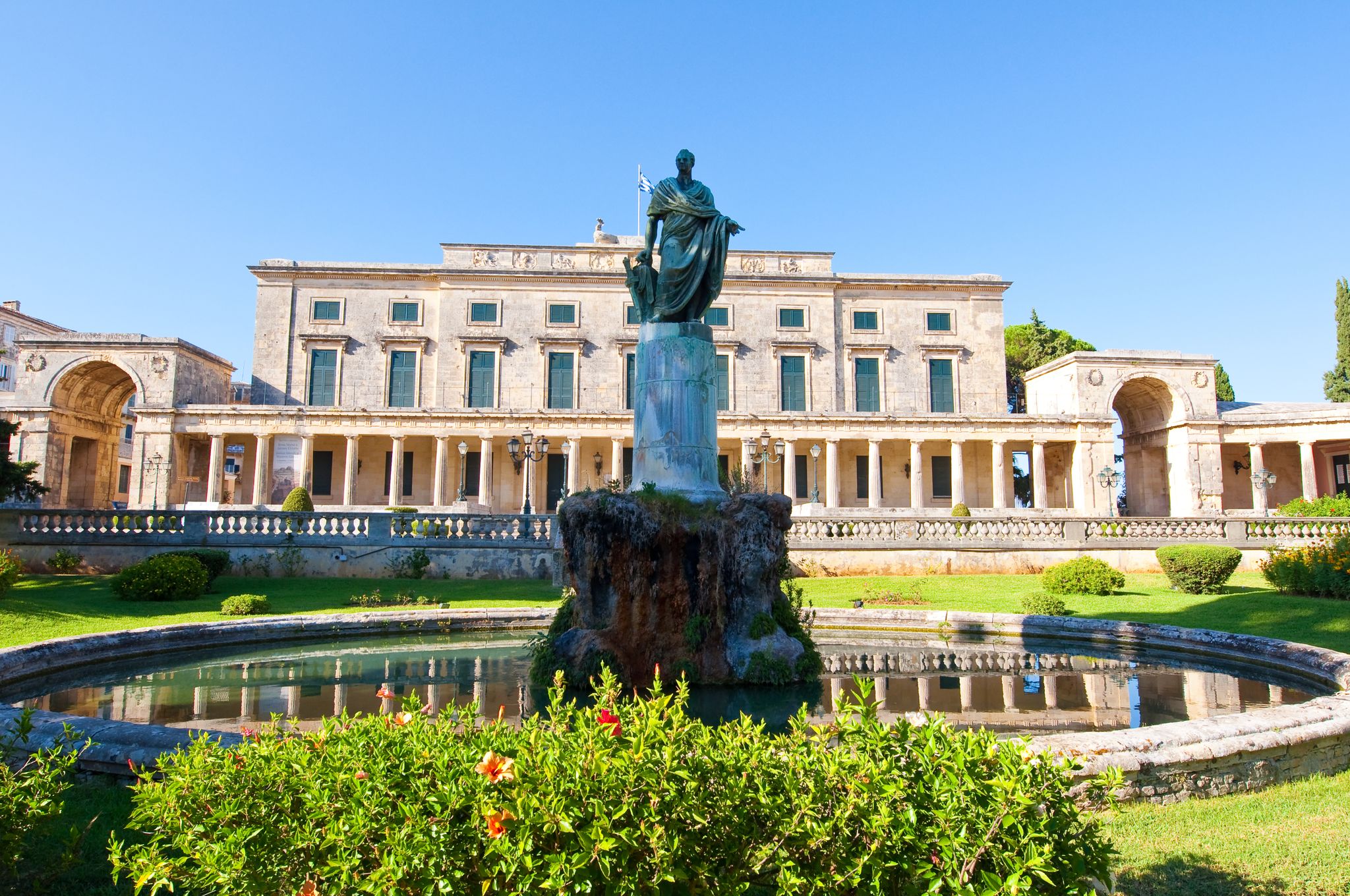 PHOTO OF Statue of Sir Frederick Adam in front of the Palace of St. Michael and St. George in Corfu City on the island of Corfu, Greece.